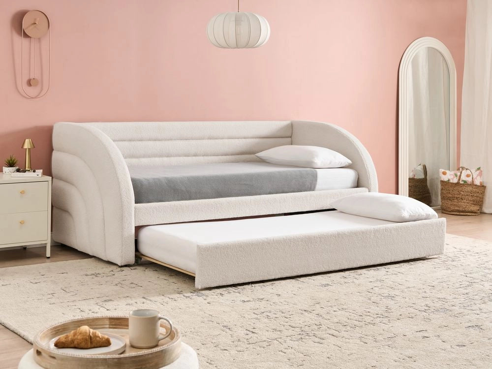 Letto a scomparsa 90 x 200 cm rivestito in bouclé bianco rete a doghe letto da giorno camera dei bambini camera degli ospiti