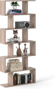 Scaffale a 6 Ripiani, Libreria a Forma di S, Libreria Scaffale da Terra in Legno, Divisorio per Soggiorno, Camera da Letto, Ufficio, 80 x 23 x 192 cm (Quercia)