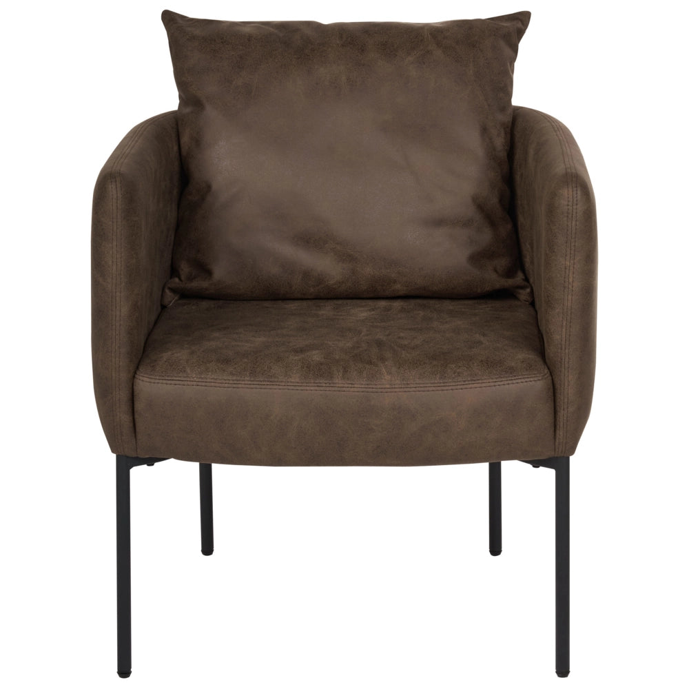 Poltrona in ecopelle marrone scuro con cuscino gambe in ferro nero stile retrò elegante