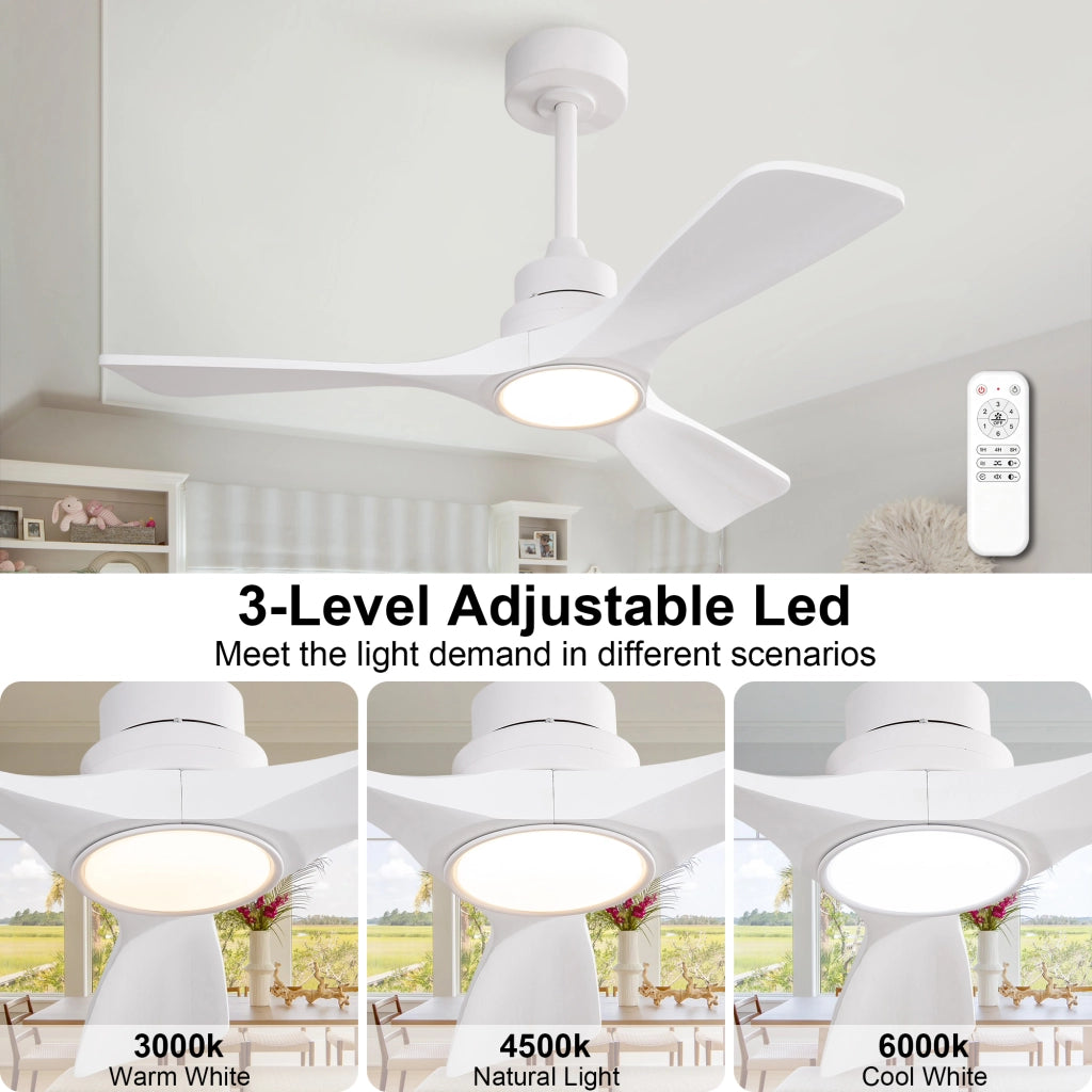 Ventilatore da soffitto bianco puro 42 pollici, 3 pale ad elica rinforzate in legno massello, motore DC reversibile silenzioso, design moderno