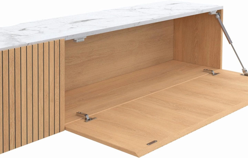 Mobile TV sospeso JULIETTE 180 cm con 2 ante, piano effetto marmo, doghe in legno color rovere