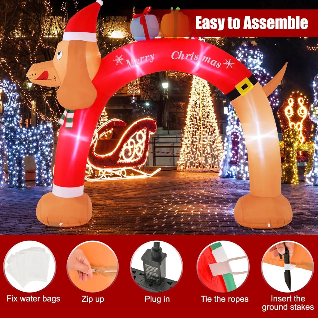Decorazioni Natalizie, Arco Gonfiabile Natalizio con Cane 242 CM, 5 Luce LED, Soffiatore Incorporato, Addobbi Natalizi per Esterno Interno per Casa, Giardino, Cortile