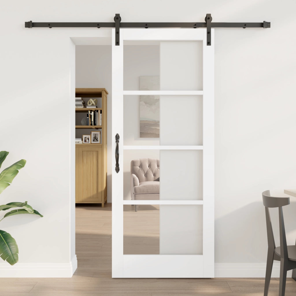 Porta Scorrevole  con Set di Hardware 'ORKDAL'Bianco Legno Massello e Vetro