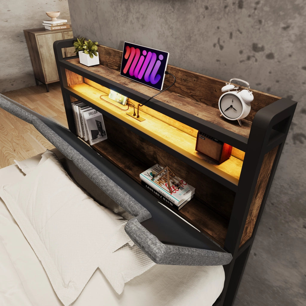 Letto singolo 90x200 cm con materasso; LED; USB e USB-C; testiera contenitore e cassetto; grigio