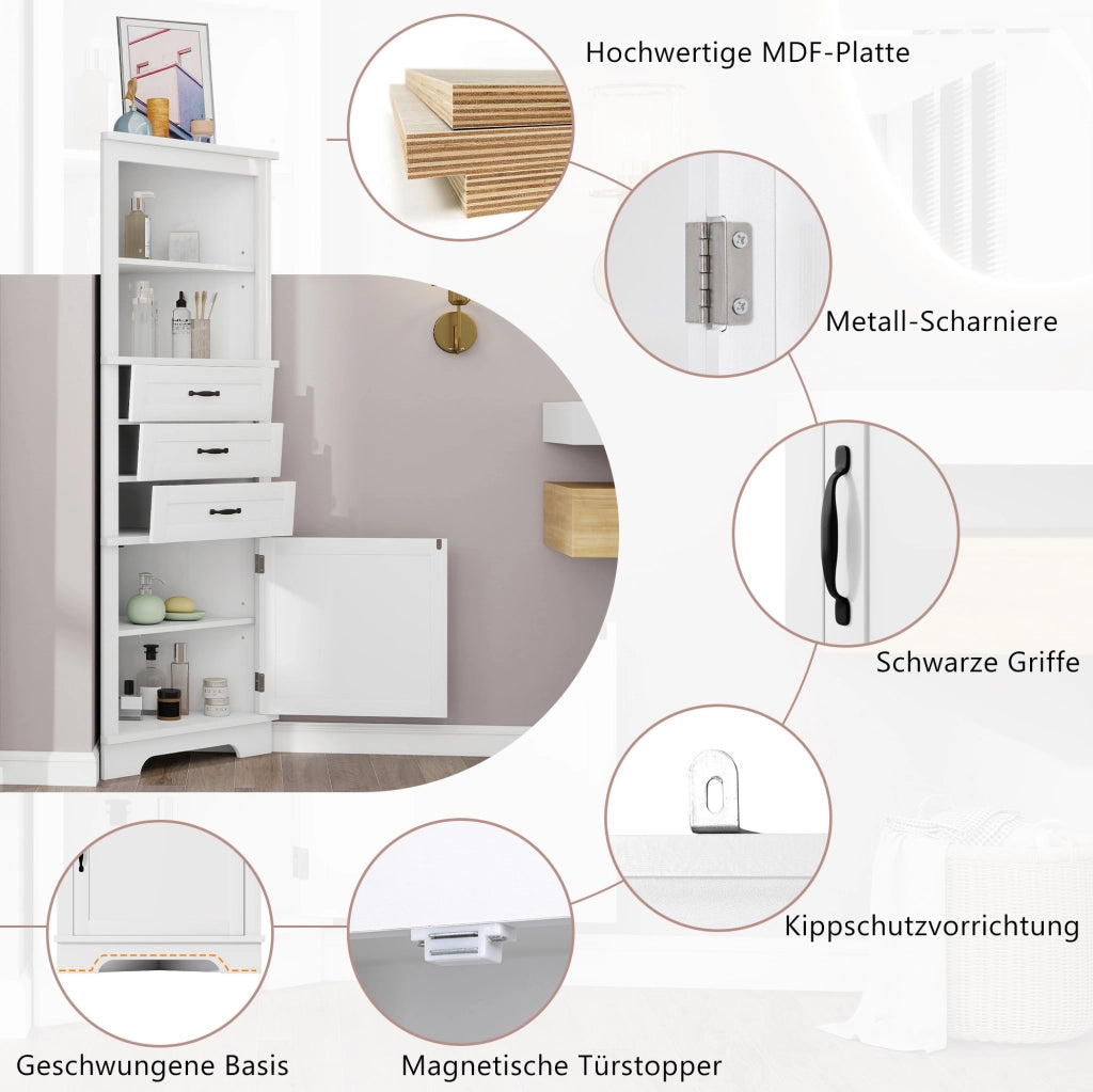 Mobile angolare per bagno con cassetti e ripiani regolabili