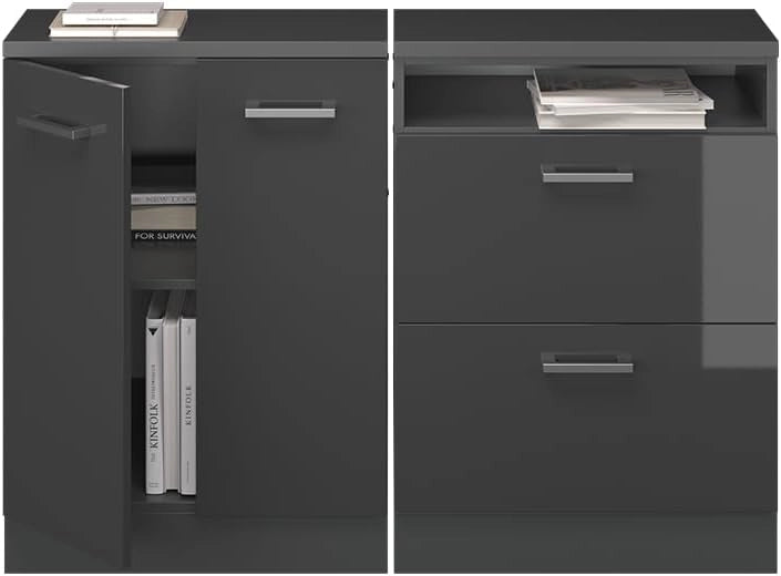 Set di mobili sottotetto Rion, Antracite lucido, 120 cm Set di 2 carcasse armadio profondità 60 cm, adatto per il salvaspazio sotto tetti spioventi