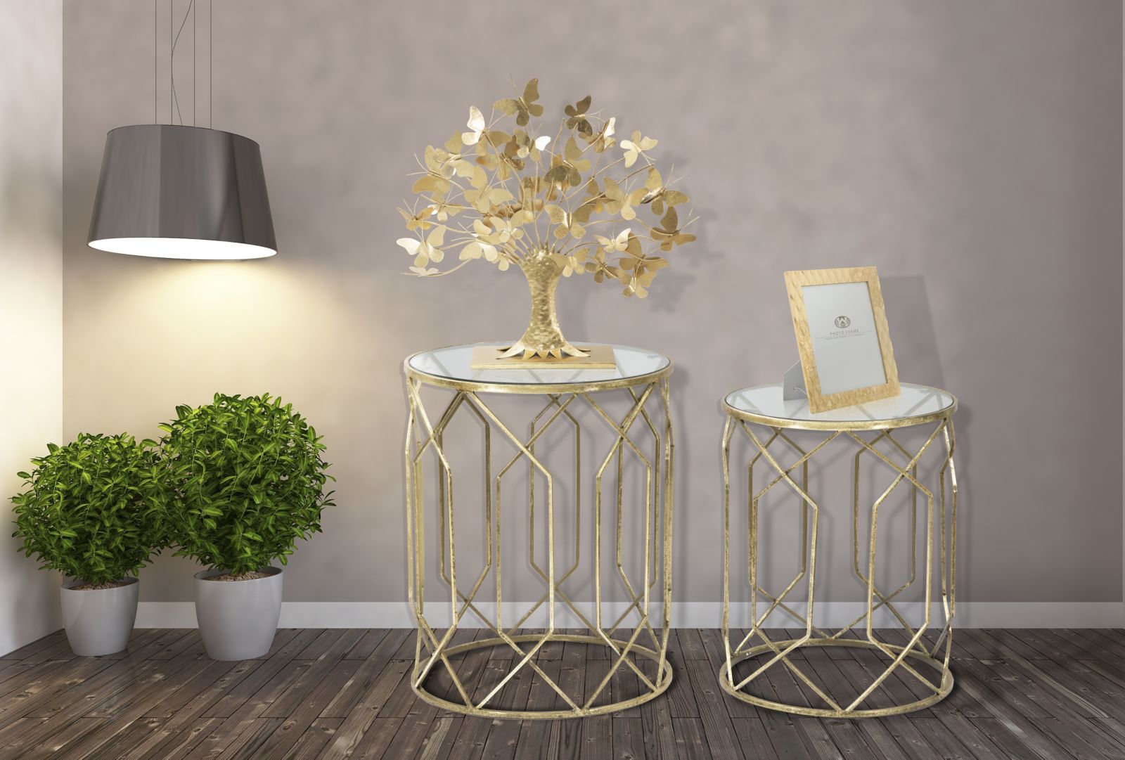 Tavolinetti Tunisi Coppia Ø42x53-38x47 cm in Ferro e Vetro Oro