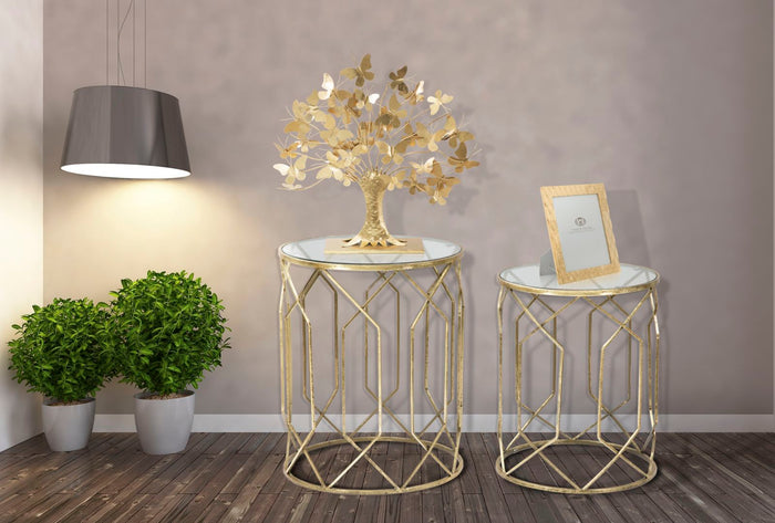 Tavolinetti Tunisi Coppia Ø42x53-38x47 cm in Ferro e Vetro Oro