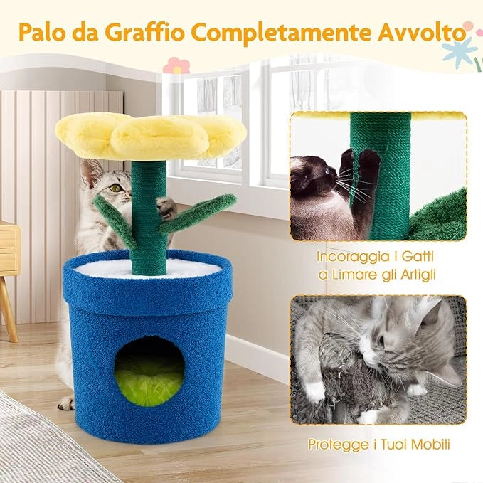 Albero per Gatti con Posatoio a Forma di Fiore, Condominio a Forma di Vaso, Tiragraffi a Forma di Stelo, Foglie Flessibili, Centro di Attività Versatile per Animali Domestici (Giallo)