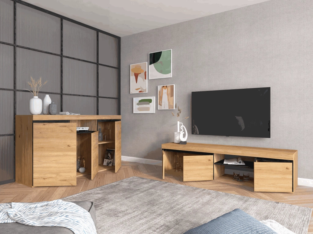 Mobile TV mod NATURALE , 160x40x41cm, colore Rovere e Nero, 2 porte e 2 comparti RF891