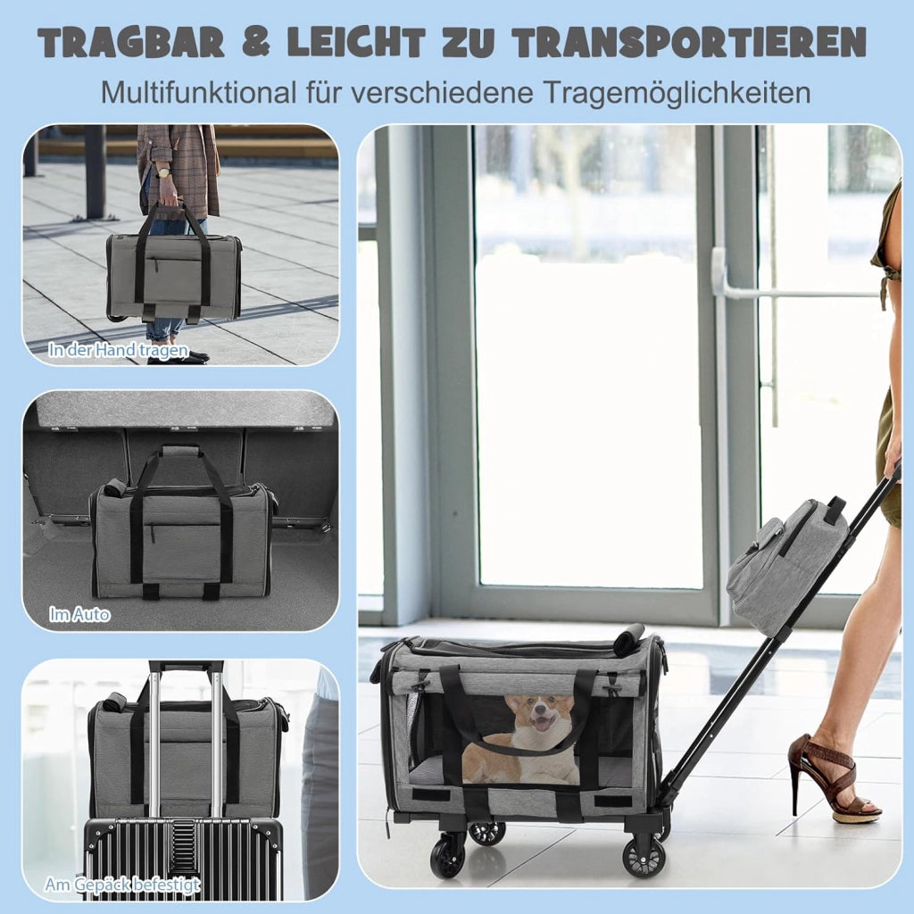 SORAS - Borsa per il trasporto del gatto e del cane, 57 x 34 x 34 cm, custodia per il trasporto per cani e gatti con ruote, manico telescopico, cuscino doppio lato, zaino aggiuntivo