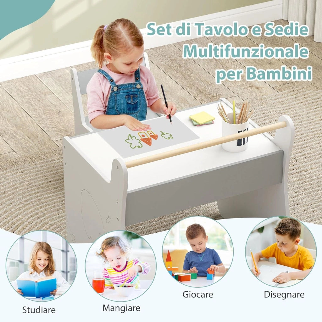 Set Tavolo e Sedia per Bambini 2 in 1, Set con Scrivania e Sedia in Legno per Bambini con Piano Rimovibile, Spazio di Archiviazione e Porta Rotolo di Carta per Aula e Cameretta (Grigio+Bianco)
