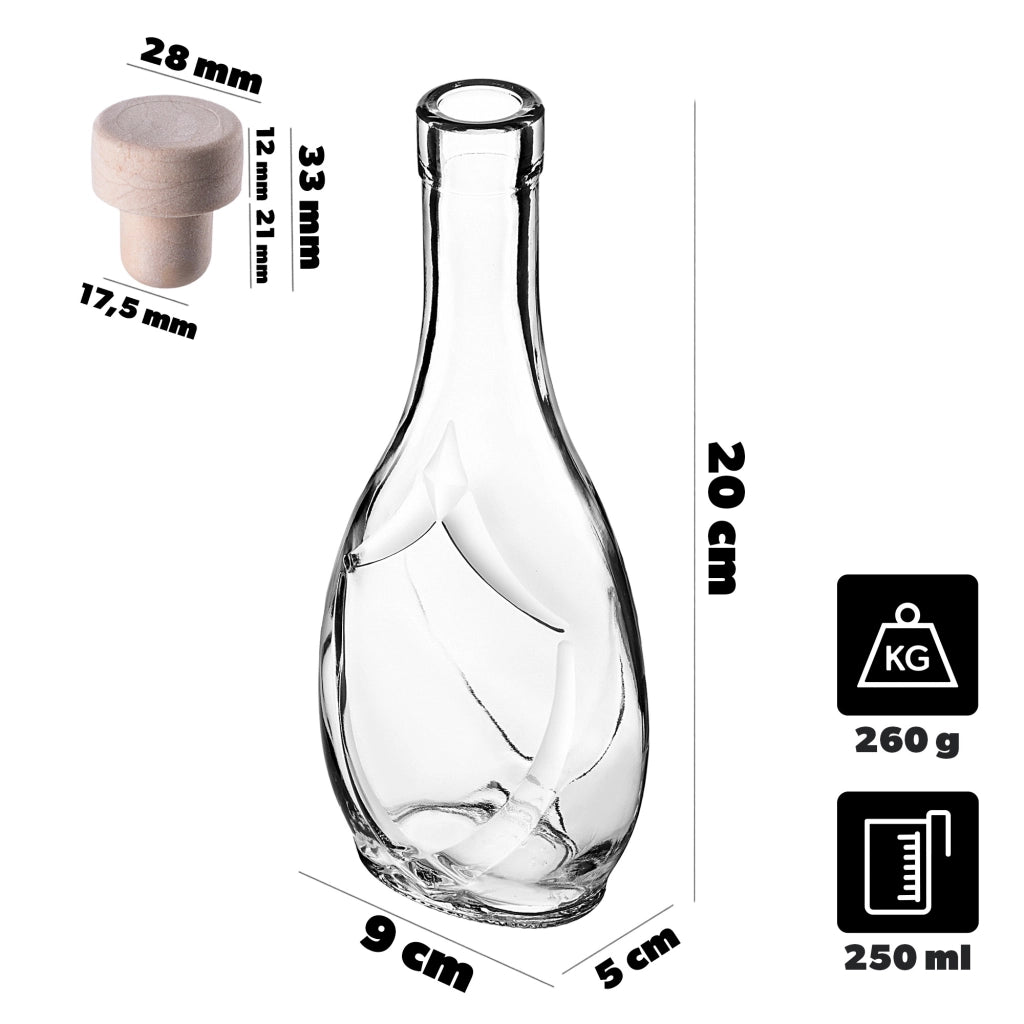 Bottiglia in vetro KADAX Icona da 250 ml per vino, liquori, succhi di frutta, distillati, moonshine con tappo di sughero