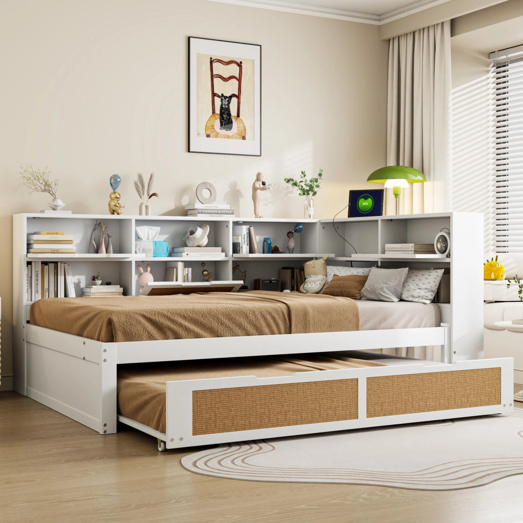 Letto Estraibile 140x200 cm; Letto Singolo - USB; Presa; Contenitore in Legno Bianco