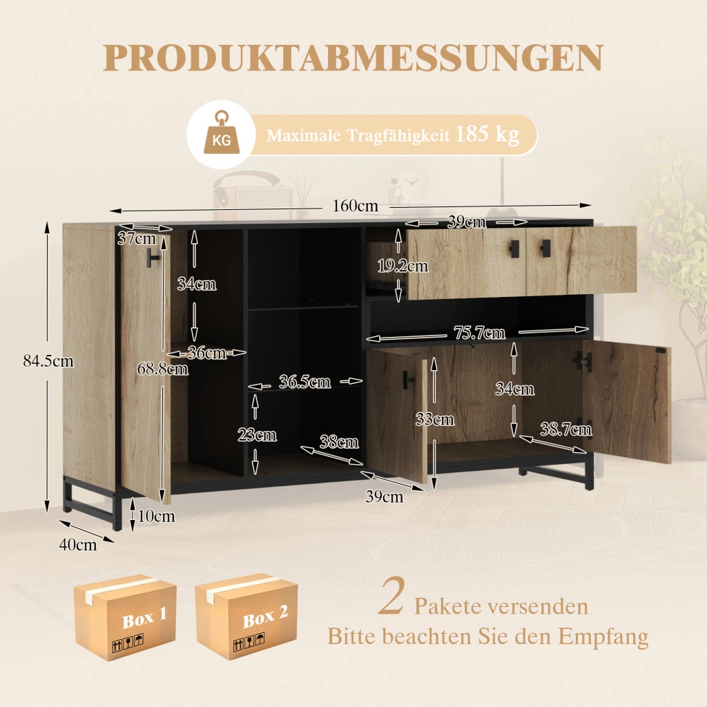 Credenza con 2 ante; ripiano regolabile e illuminazione LED - per soggiorno - 160×40×84.5 cm - naturale