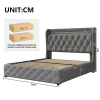 Letto imbottito 140x190 - Xylo - LED, USB, testiera con scaffali, 4 cassetti, velluto