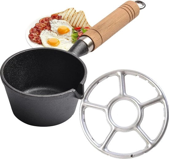 Piastra in ghisa, mini-griglia, piccola piastra con maniglia in legno, mini-sauteuse, con supporto per forno a gas, per campeggio, olio bollente, latte bollente, pancetta, fette di prosciutto