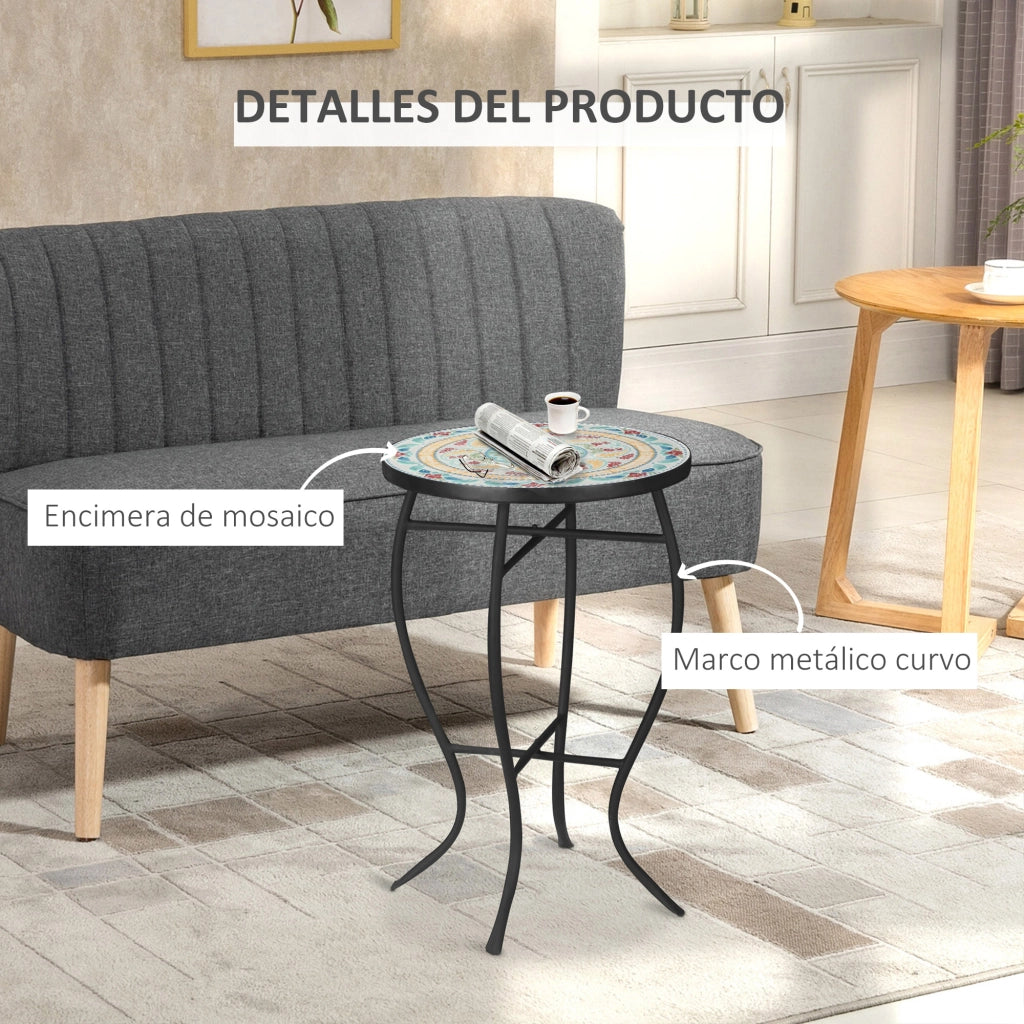 Tavolino da giardino rotondo con mosaico e gambe in metallo ¨C Zephmum ¨C 35,5x35,5x53,5 cm Turchese