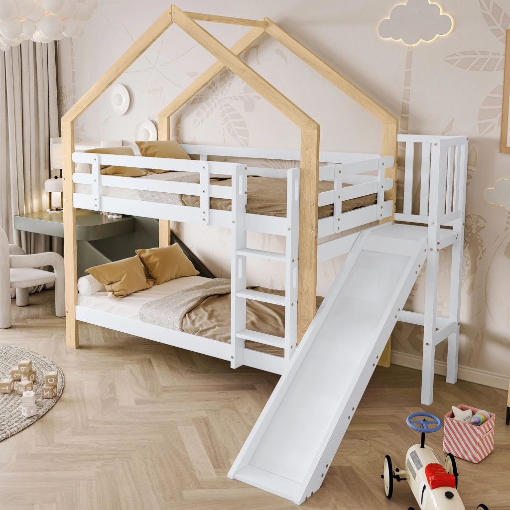Letto a Castello 90x200 cm con Scivolo e Scala a 3 Gradini in Legno Bianco Naturale
