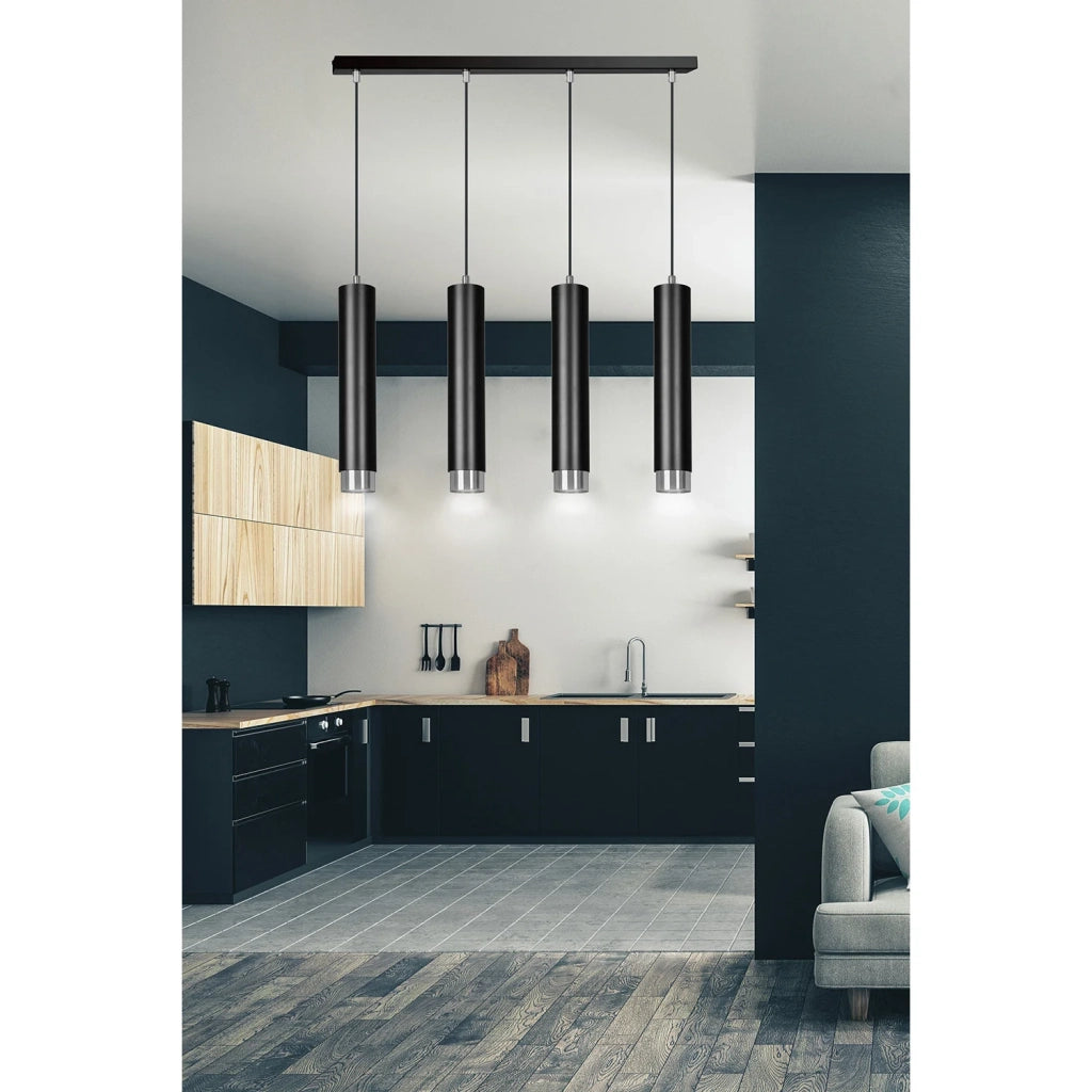Lampadario 4 Luci Brunilde In Acciaio Nero E Tubolari In Nero E Cromo