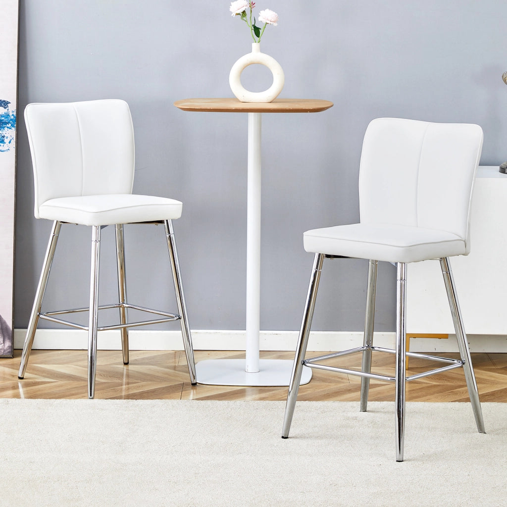 Set di 2 Sgabelli da Bar con Schienale Ergonomico e Poggiapiedi; Metallo e Pelle PU; Bianco e Argento