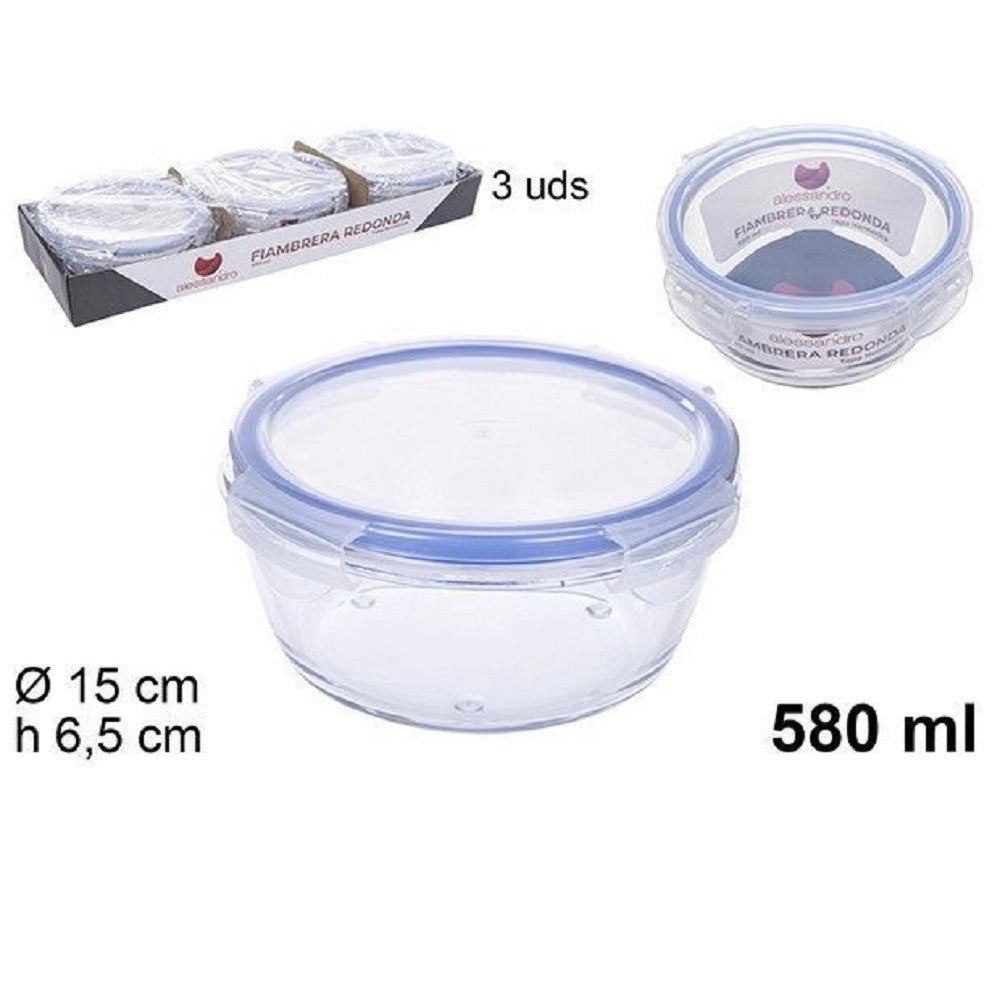 Trade Shop - Set 3pz Contenitori Per Alimenti Vetro Tondo Con Coperchi Plastica 580ml 110549 -