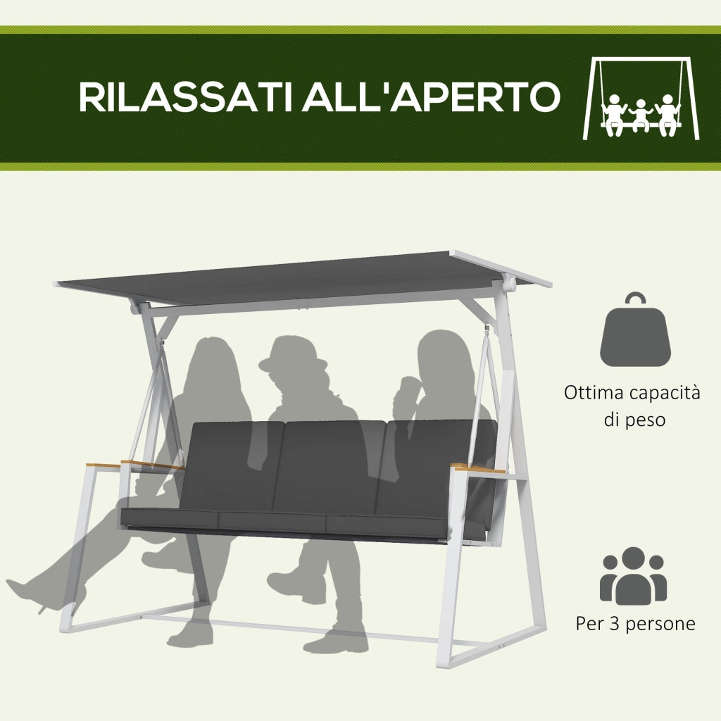 Dondolo da Giardino 3 Posti con Tettuccio Inclinabile, in Acciaio, 205x130x175 cm, Grigio Scuro