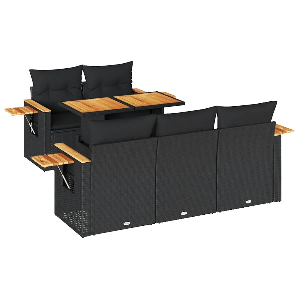 Set Divano da Giardino 6 pz con Cuscini Nero Polyrattan Acacia