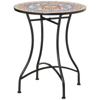 Tavolo da Giardino in Mosaico Rotondo, Tavolino da Bistrot con Piano in Mosaico di Ceramica e Metallo, Ø60 cm, Rosso, Blu e Bianco