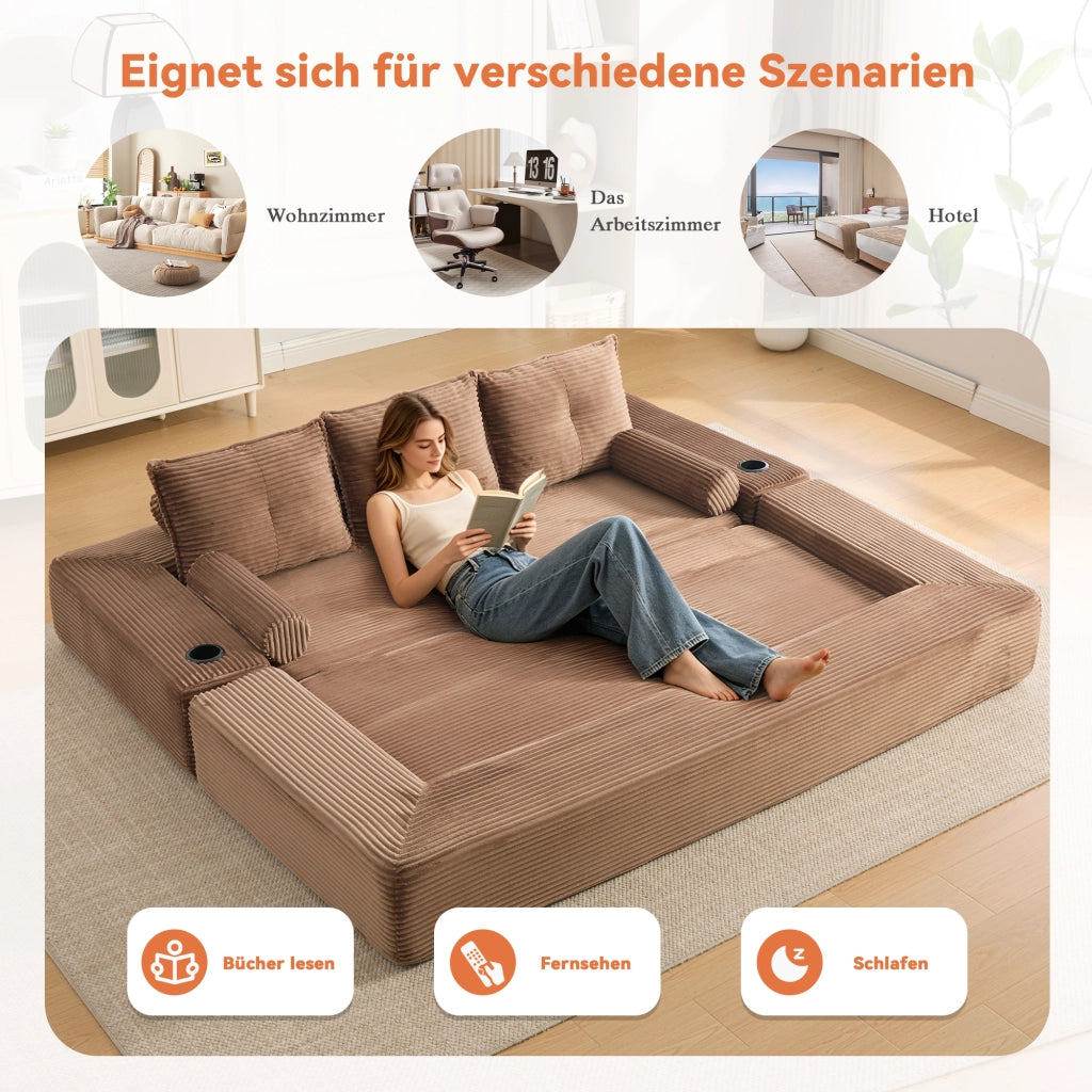 Divano letto modulare con cuscini memory, tasche laterali e portabicchieri in velluto a coste marrone per casa