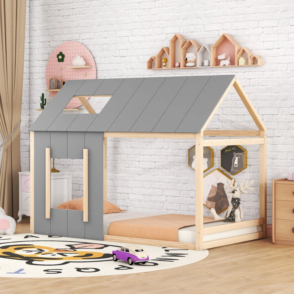 OKWISH Letto a casetta 90×200 cm, Letto Singolo con Tetto e Finestra, senza Materasso, in Pino e MDF, Naturale e Grigio