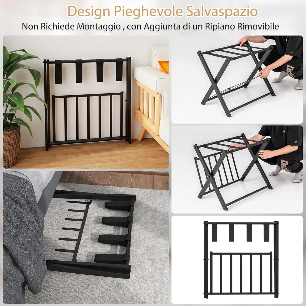 Portavaligie Pieghevole in Metallo 2 Pezzi 68 x 45 x 57 cm, Cavalletto Reggivaligie Multiuso con 2 Ripiani, Portabagagli Salvaspazio per Casa e Hotel Robusto, Portata 80 kg (Nero)