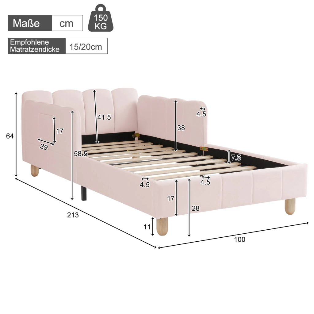 Letto singolo imbottito per bambini 90x200 cm in velluto rosa con testiera ergonomica