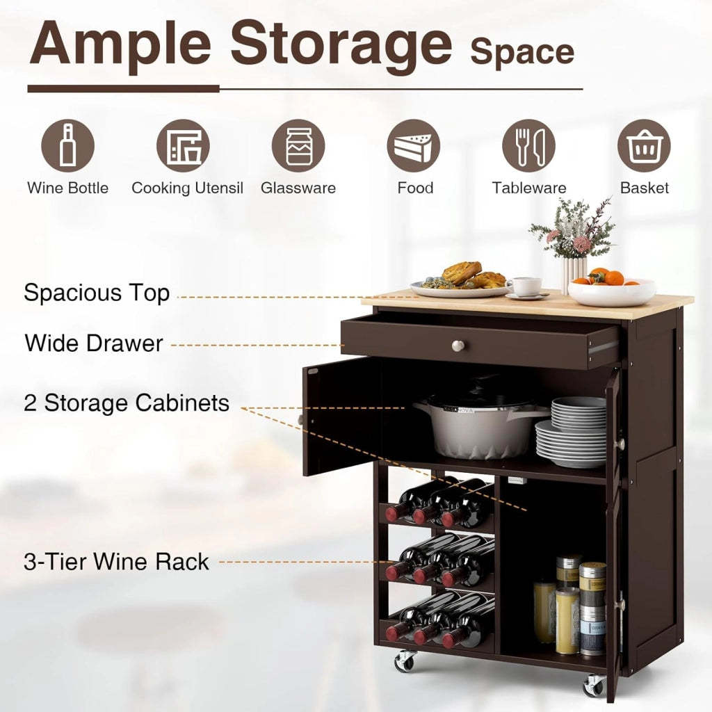 Carrello da cucina mobile con cassetto, porte e ripiani per bottiglie, isola di cucina con ruote e coperchio in legno di gomma, 67 x 37 x 86 cm, mobile di stoccaggio per sala da pranzo