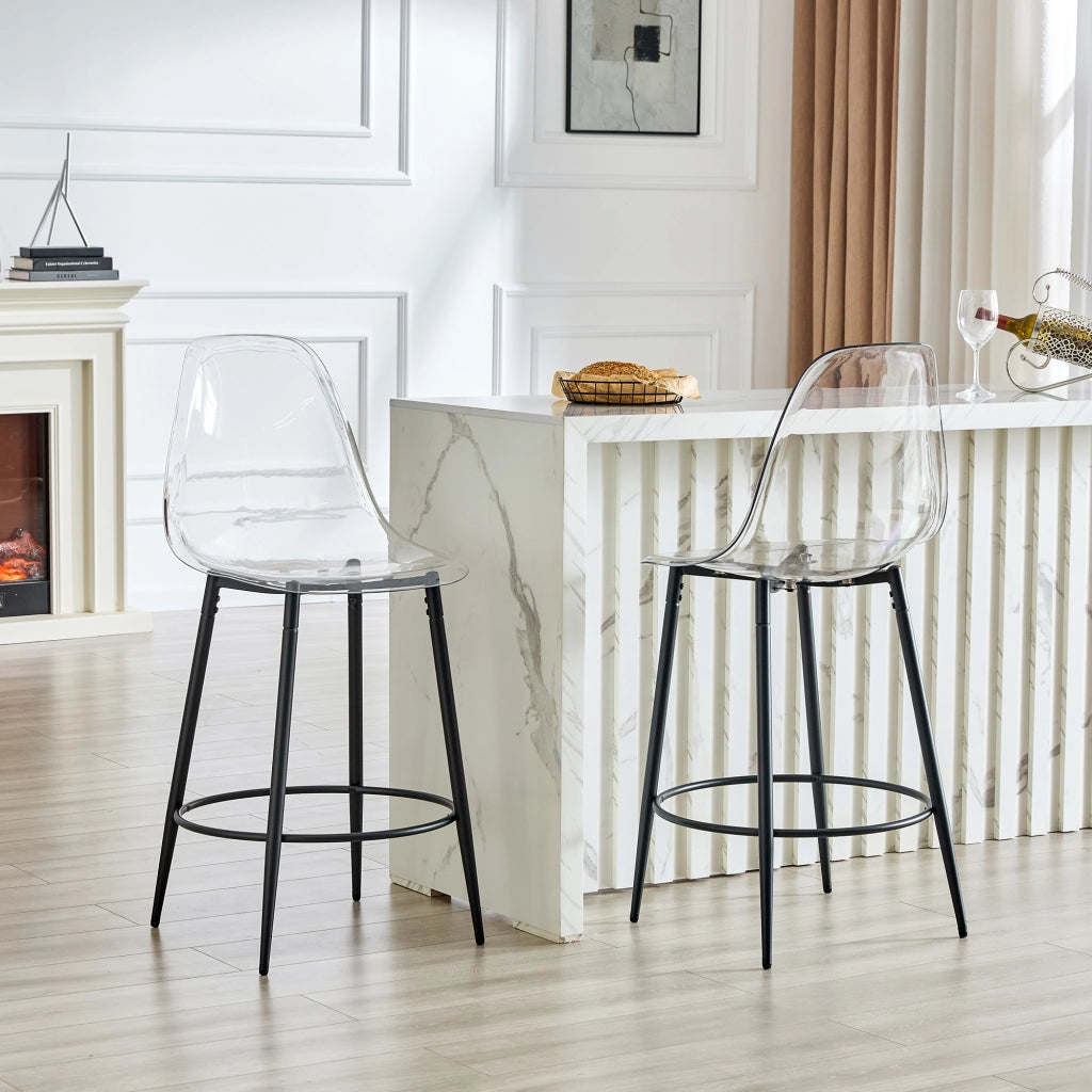 Set di 2 Sgabelli da Bar; Schienale Trasparente; Piedini Regolabili; per Cucina e Isola; Plastica e Metallo; Trasparente e Nero