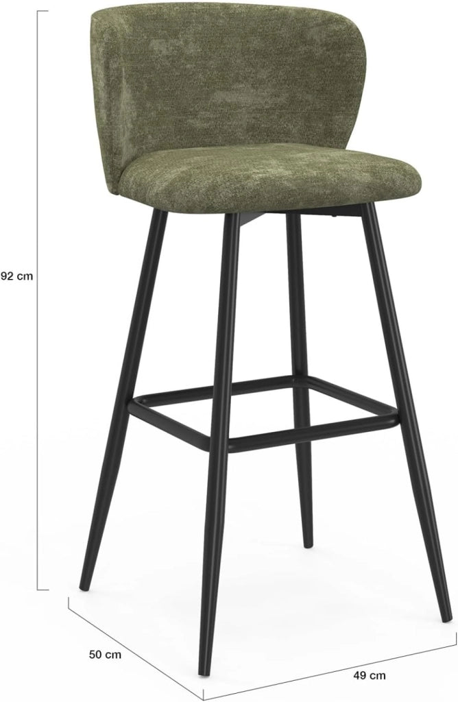 Set di 4 sgabelli da bar FANNY con seduta in ciniglia verde kaki e gambe in metallo nero