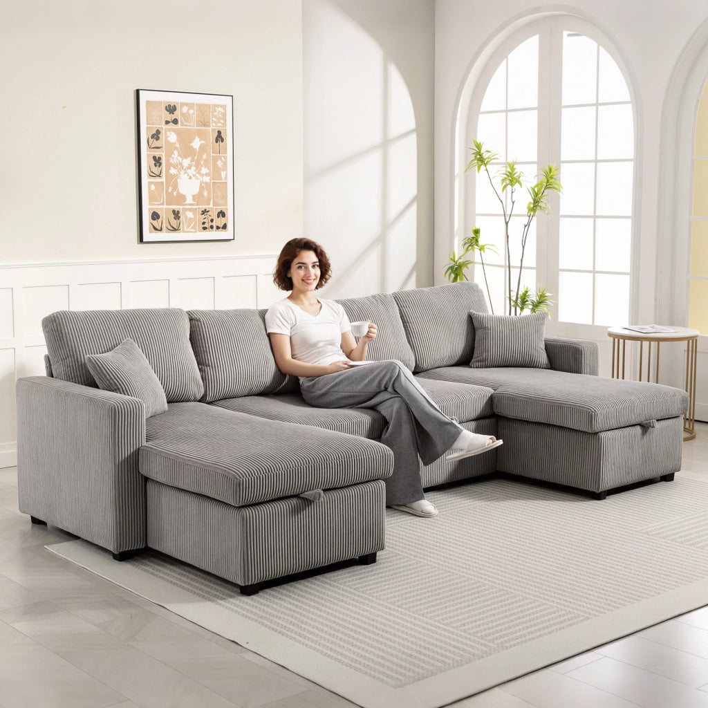 Divano Letto Angolare con 2 Chaise Longue e Contenitore, Velluto, 282x140x86 cm, Grigio ¨C Zephmum