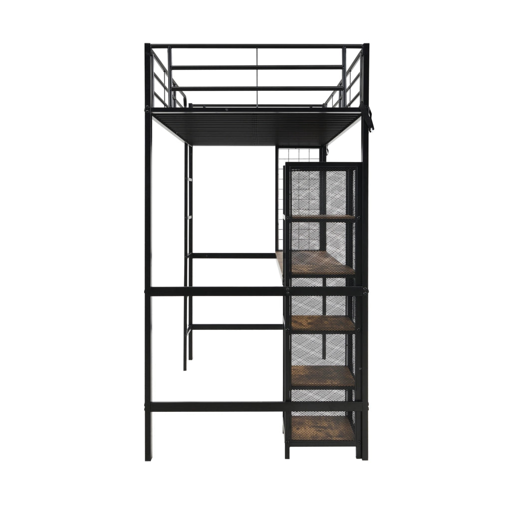 Letto a soppalco in ferro e MDF con scrivania e scaffalatura, 90x200 cm, colore nero e legno scuro