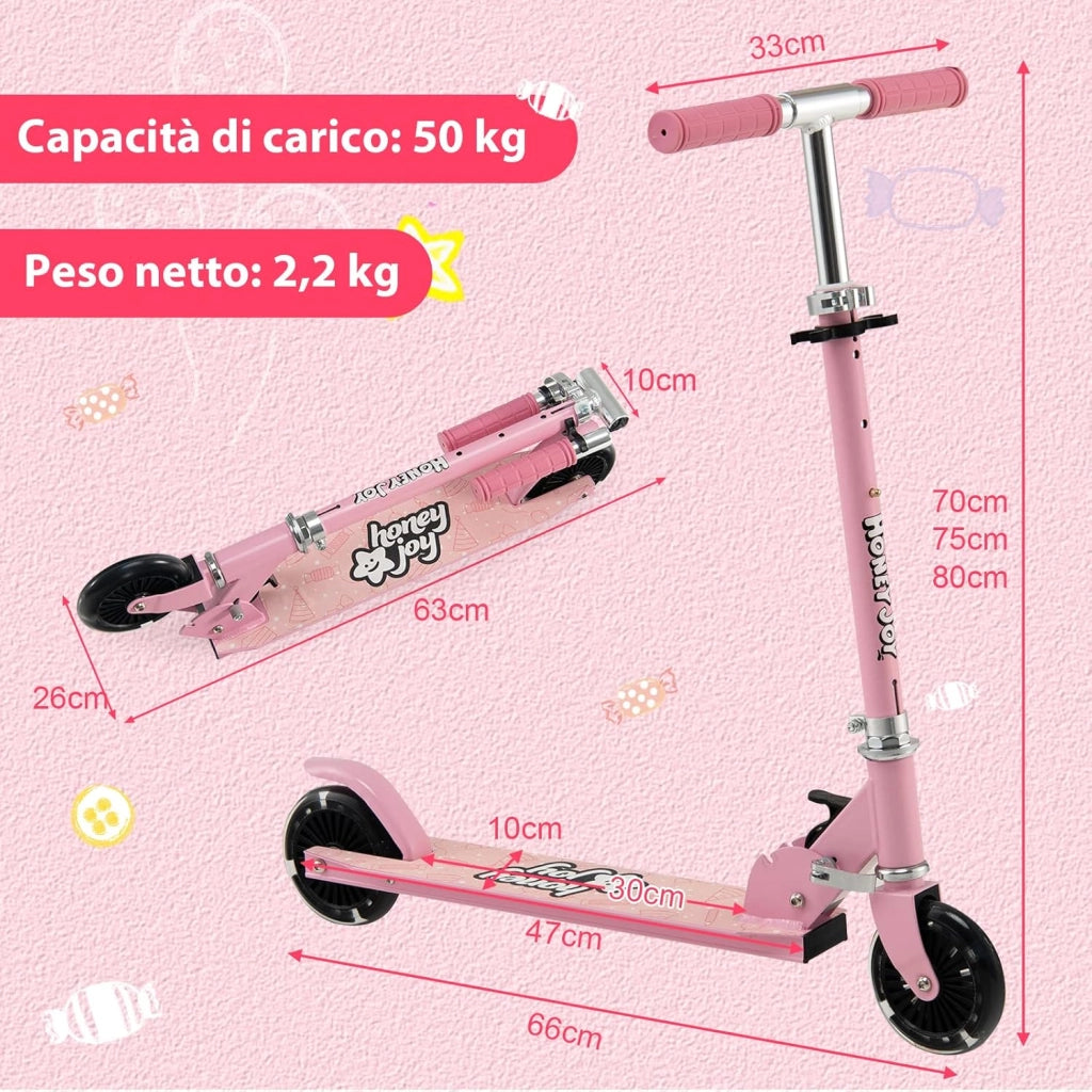Monopattino Bambini, Monopattino Bambino e Bambina +3 Anni Pieghevole con 2 Ruote Lampeggianti, Manubrio Regolabile e Freno (Rosa)