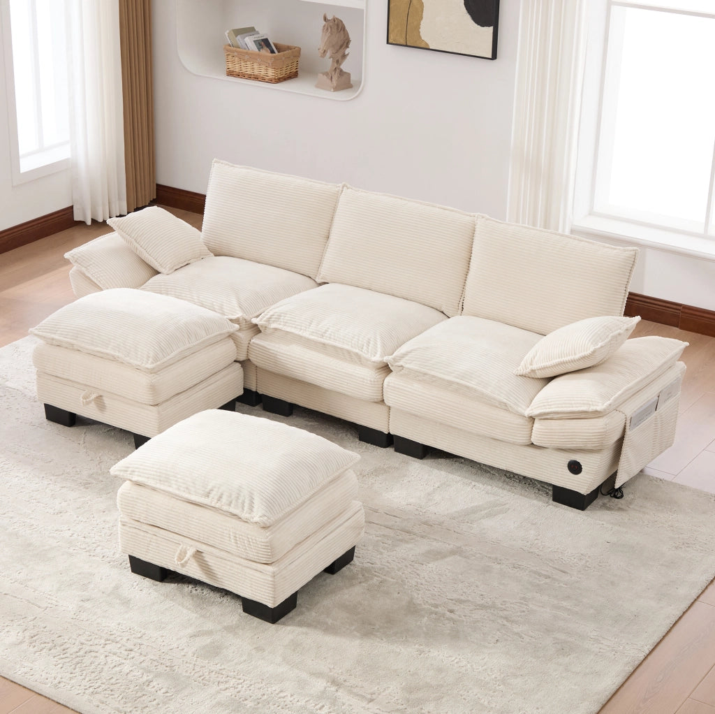 Divano modulare 3 posti in velluto a coste beige con 2 pouf