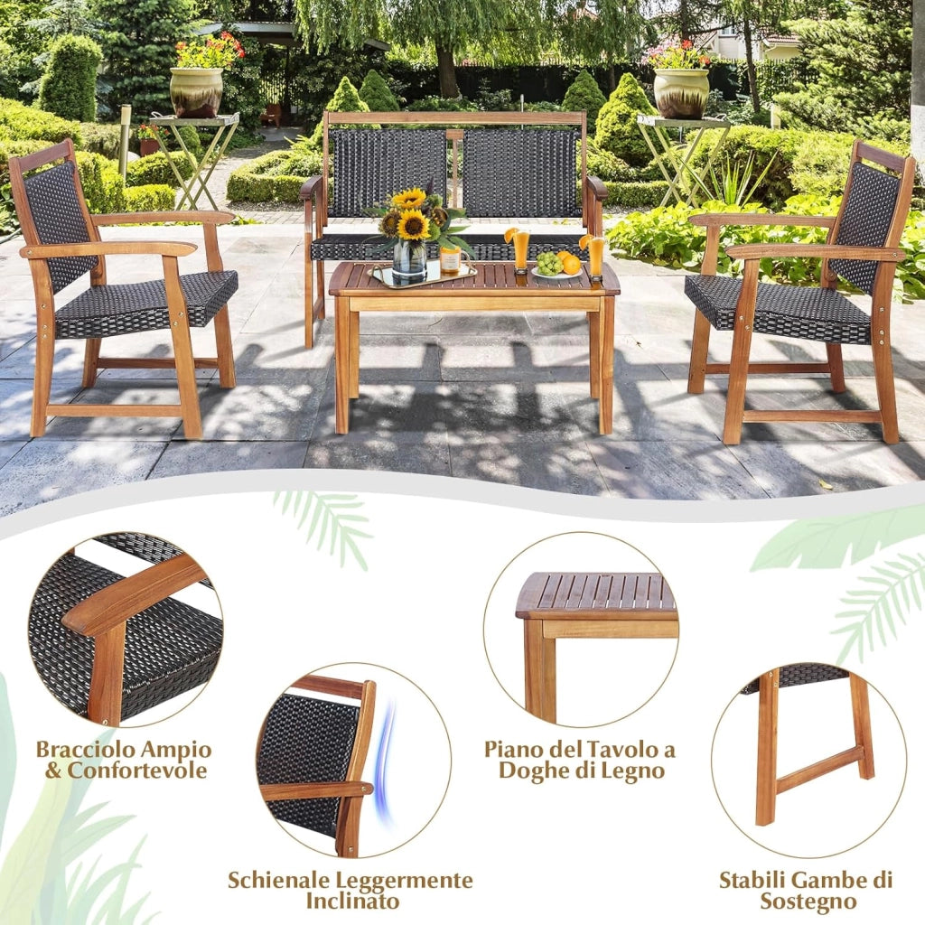 4 Pezzi Set Mobili da Esterno in Legno di Acacia, Set di Tavolino e Sedie con Seduta e Schienale in Rattan, Set Salotto per Giardino Patio e Terrazza