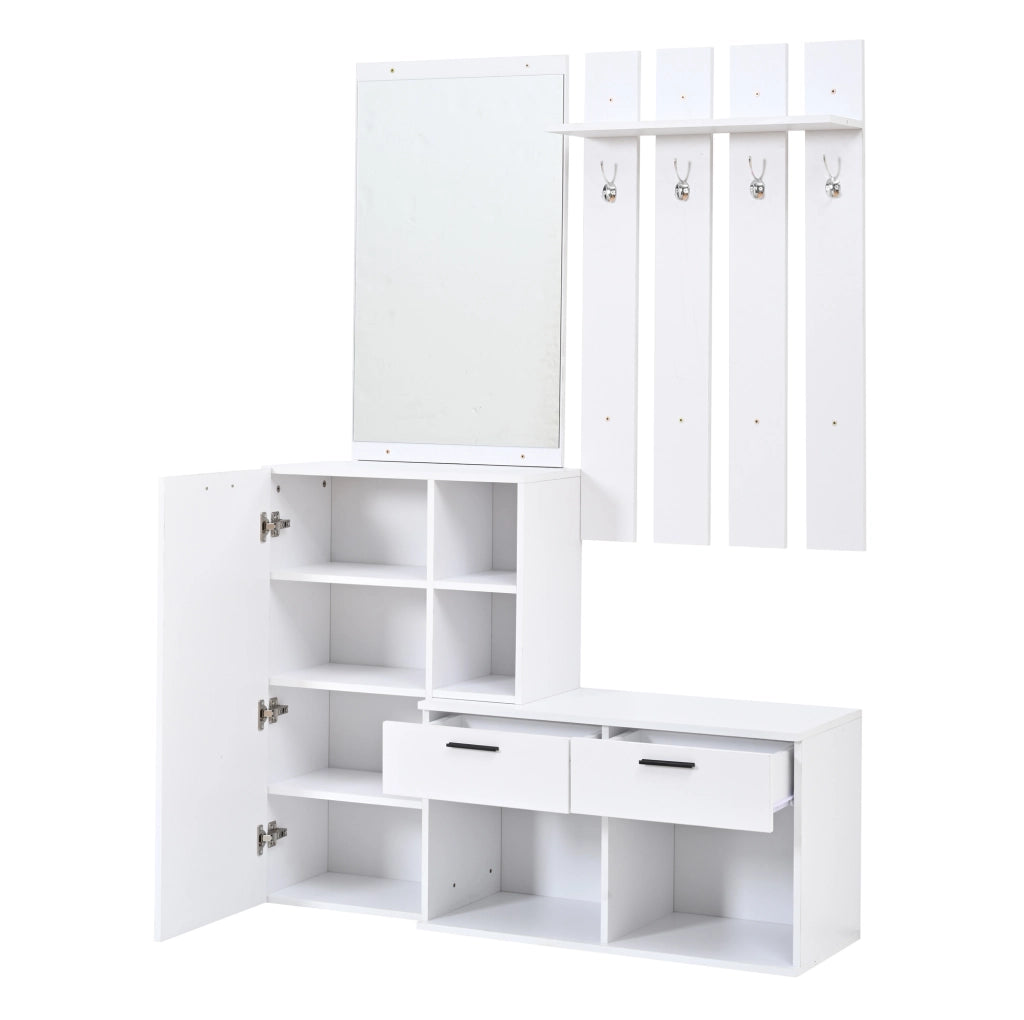 Garderoba da ingresso 120x35x175.5 cm con specchio; 2 cassetti e 4 ganci in MDF bianco