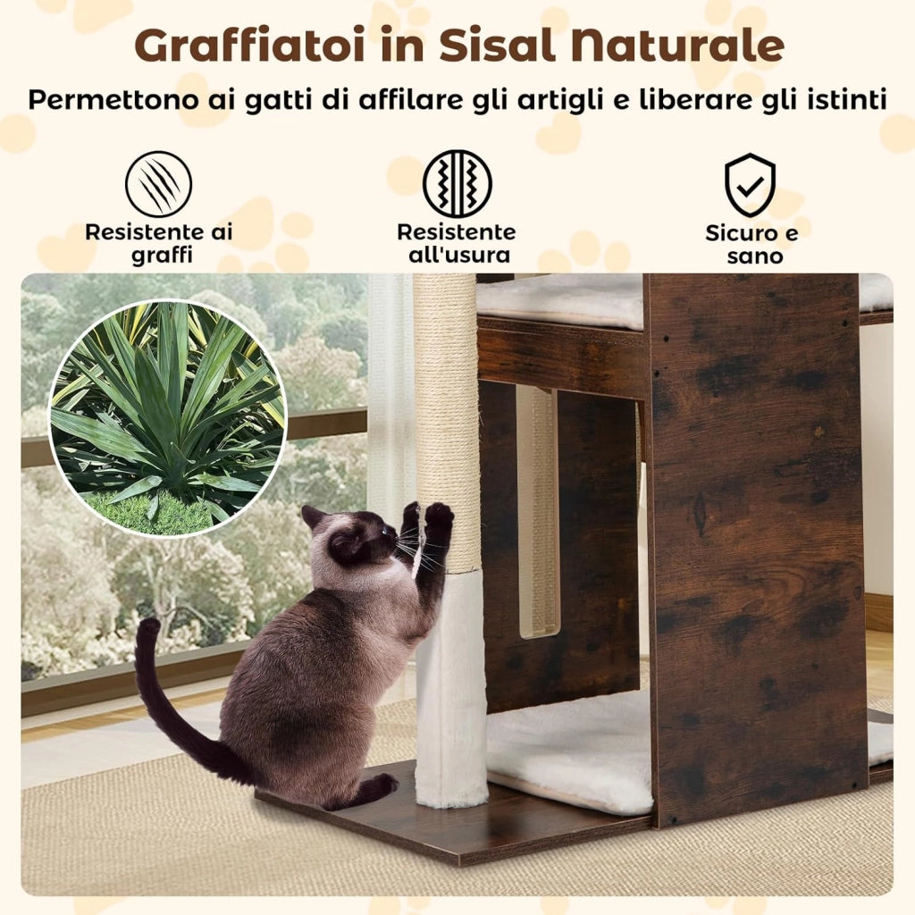 Albero per Gatti Alto 120 cm, Tiragraffi per Gattini in Legno con Posti Graffianti in Sisal, Palline Pendenti, Cuscini Morbidi e Piazzola, Tiragraffi Gatto per Arrampicata