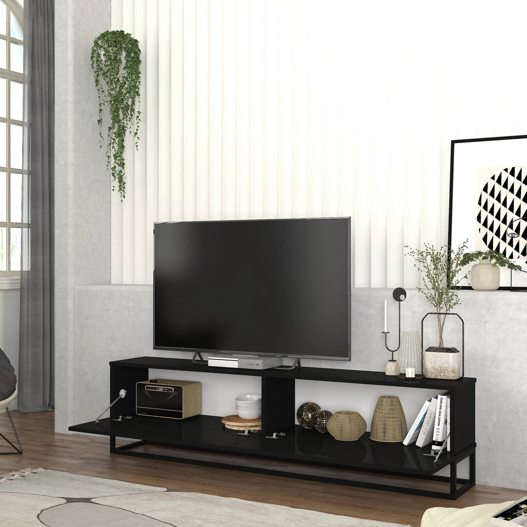 Mobile Porta TV Nolven a 2 Ante Ribalta e Telaio Lungo in Metallo 180x32x47 cm - Nero [en.casa]