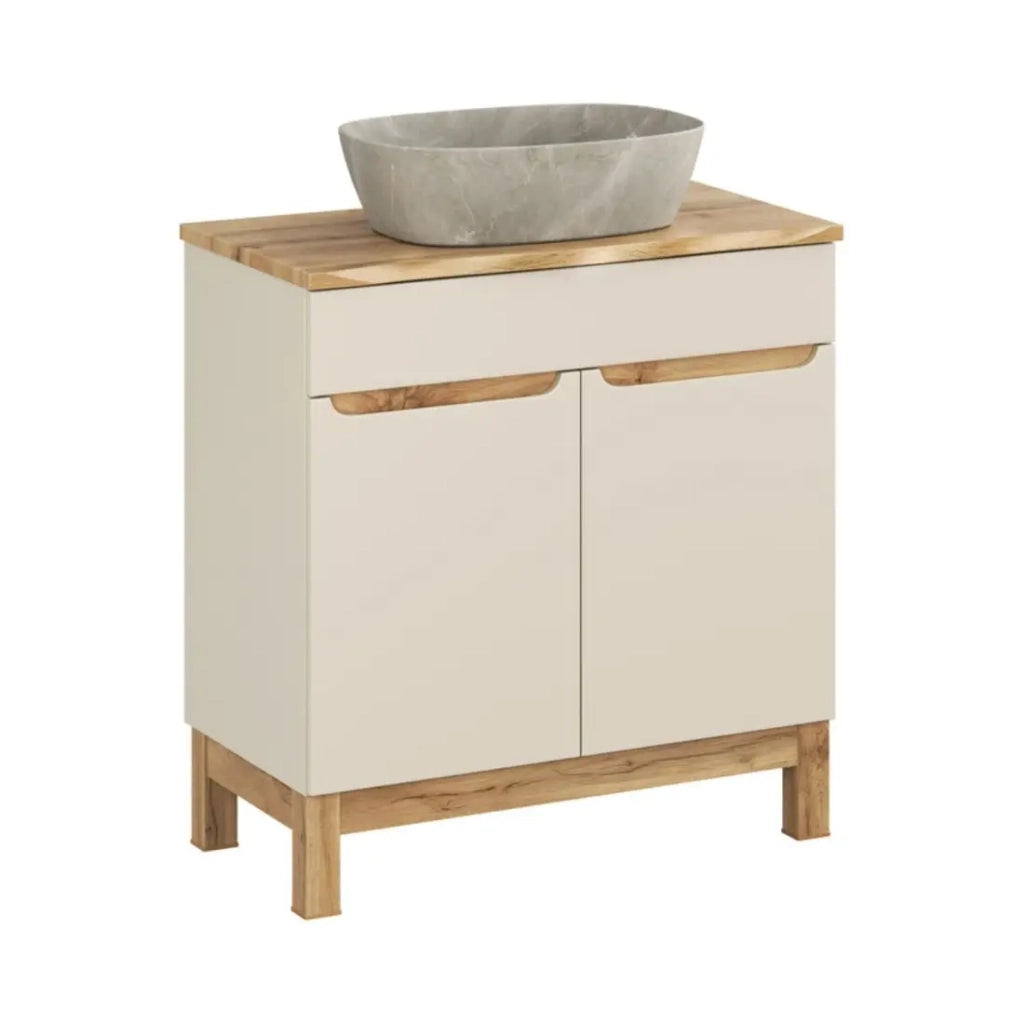 Insieme ERMANO cachemire 80cm: mobile sottolavabo + piano per lavabo bisellato + lavabo da appoggio grigio effetto pietra