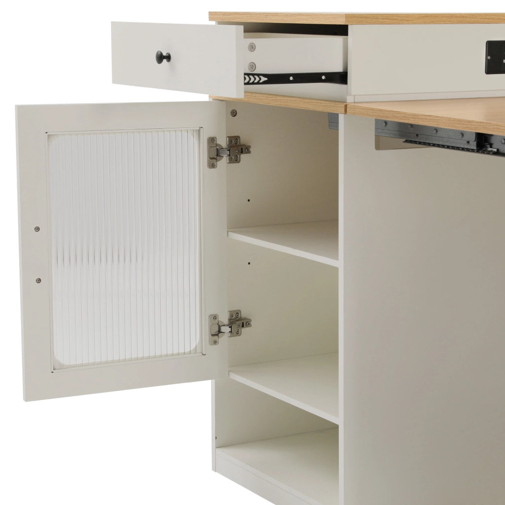 Tavolo allungabile 80x71~111~151x92 cm con prese integrate; MDF e vetro; bianco e naturale