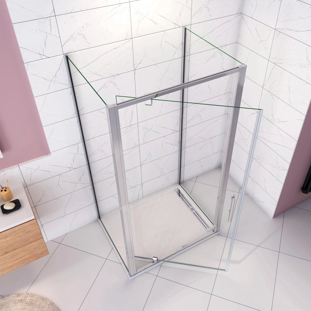 185cm Box Doccia a Tre Lati Porta Girevole Battente 86cm con Doppia Parete Fissa 90x90cm Vetro Temperato Trasparente 5 mm Profilo Cromo Lucido