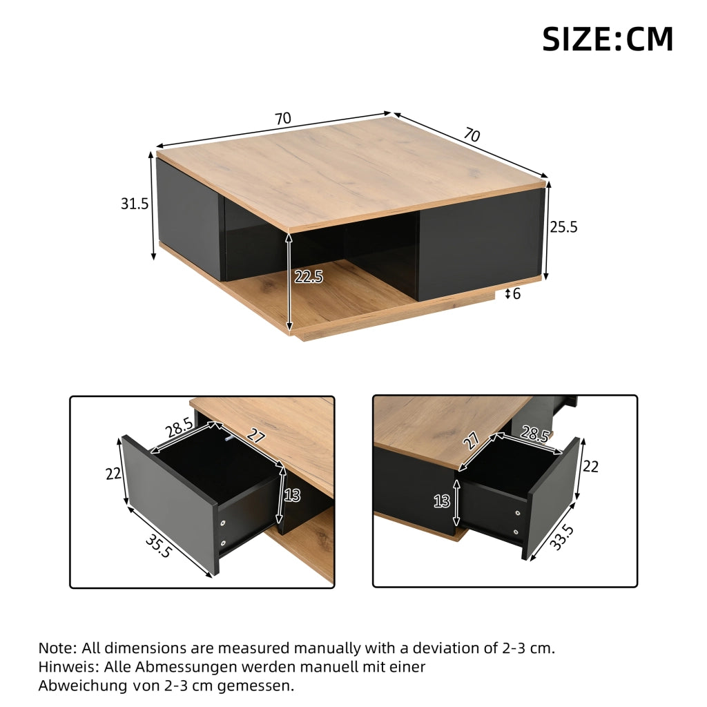 Tavolino basso quadrato con 3 cassetti e vano aperto, finitura lucida, per soggiorno, nero e legno, 70 × 70 × 31,5 cm