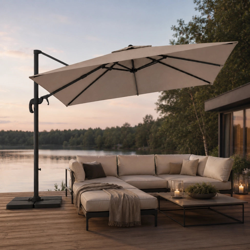 Ombrellone Per Giardino Esterni Piscina Gazebo Terrazze Bar Hotel Braccio Retrattile Acciaio Inossidabile Rotazione 360° Braccio Girevole Telo Impermeabile Resistente Raggi UV 3X3 M Tortora