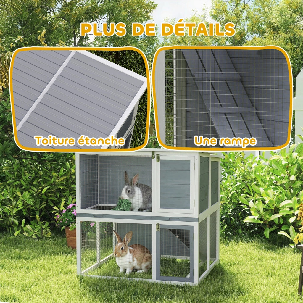 Gabbia per conigli da esterno 2 piani con tetto apribile e vassoio rimovibile ¨C Xylo ¨C 98x95x102,5cm grigio
